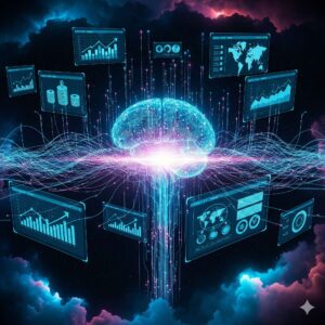 Futuristic AI-driven IT consulting dashboard with glowing data charts and automation icons – Aequitas Information Technology